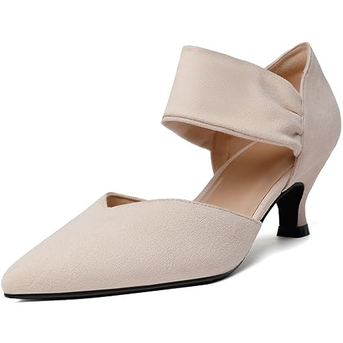 RIBONGZ Low Heels for Women Closed Toe Church Shoes Nude Kitten Heels Pointed Toe Sexy Slip on Pumps Wedding Bridal Party Dressy Shoes 7.5 | Amazon (US)