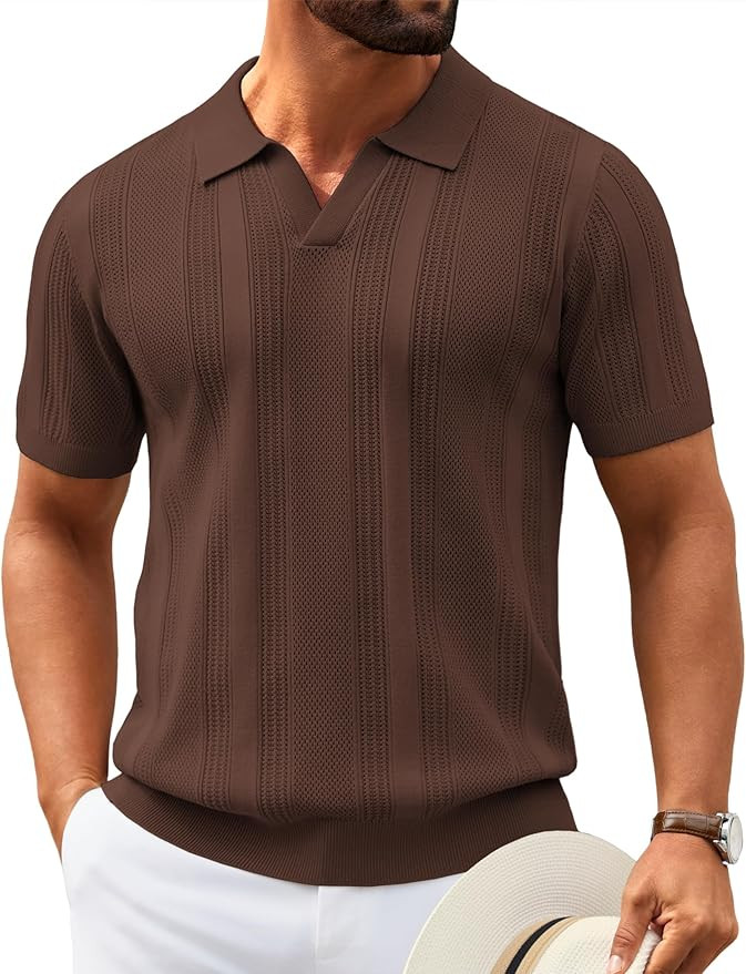 COOFANDY Mens Knit Polo Shirts V Neck Textured Polo Shirts Short Sleeve Breathable Polo Casual Co... | Amazon (US)