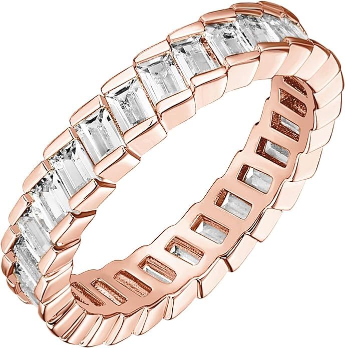 PAVOI 14K Gold Plated Cubic Zirconia Baguette Cut Eternity Bands for Women | Amazon (US)