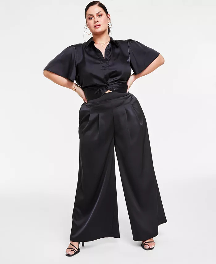 Trendy Plus Size Satin Wide-Leg Pants | Macys (US)
