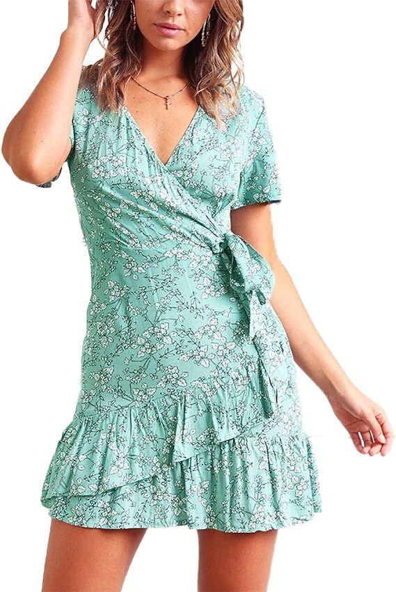 Relipop Summer Women Short Sleeve Print Dress V Neck Casual Short Dresses | Amazon (US)