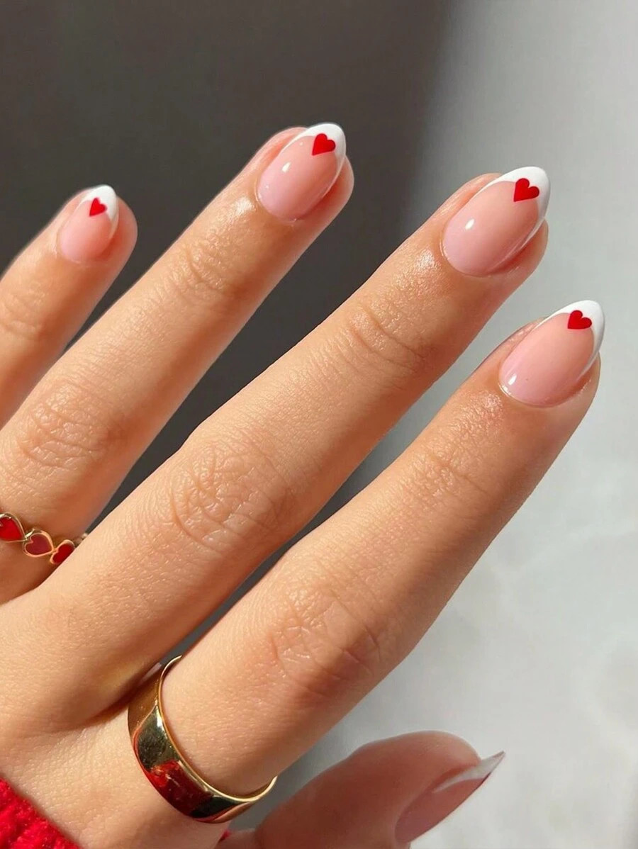 24pcs French White Press On Nails Short Almond Shape Fake Nails Red Heart Nails Art Valentine's D... | SHEIN
