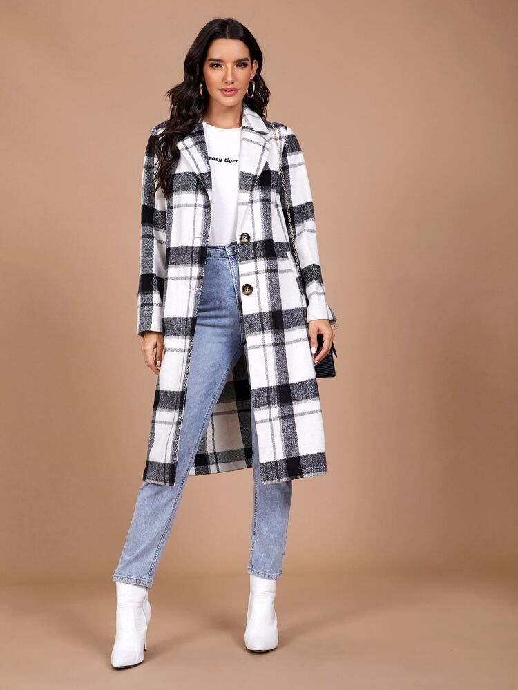 SHEIN Notched Collar Plaid Coat | SHEIN