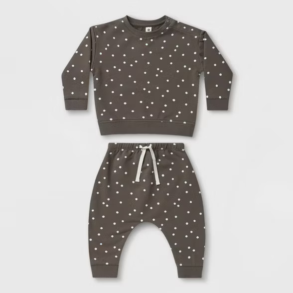 Q by Quincy Mae Baby 2pc Dot Fleece Sweatshirt & Sweatpants Set - Ivory | Target