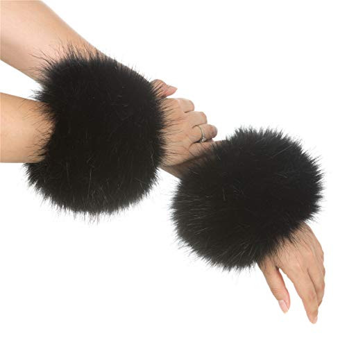 Lucky Leaf Women Winter Wrist Warmers Faux Fox Fur Soft Cuffs Band Ring for Cold Weather (C1-Black) | Amazon (US)