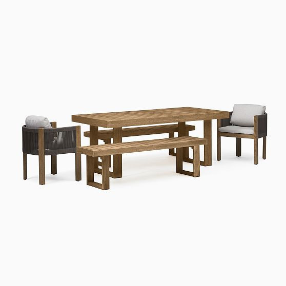 Outdoor Dining Set: Portside Outdoor 76.5 in Rectangle Dining Table, Driftwood + Portside Outdoor Dining Bench, 66", Driftwood + Porto Dining Chair, Driftwood, Set of 2 | West Elm (US)
