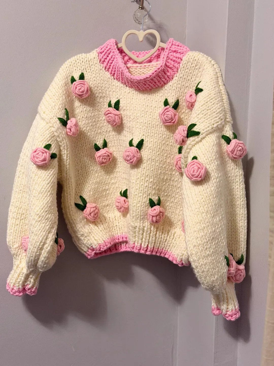 Handmade Sweet Pink Rose Knit Sweater, Cream Chunky Knit Pullover, Floral 3D Rose Sweater, Cozy R... | Etsy (US)