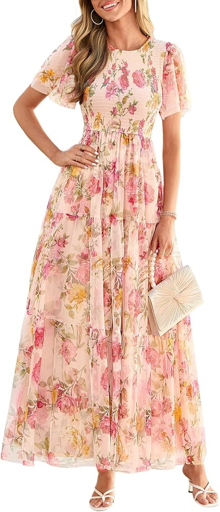PRETTYGARDEN Tulle Floral Dress Women Summer Wedding Guest 2026 Spring Short Sleeve Maxi Smocked ... | Amazon (US)
