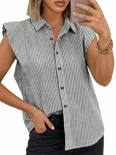 Tankaneo Camisa de manga casquillo con botones para mujer, cuello a rayas, holgada, casual, elega... | Amazon (US)