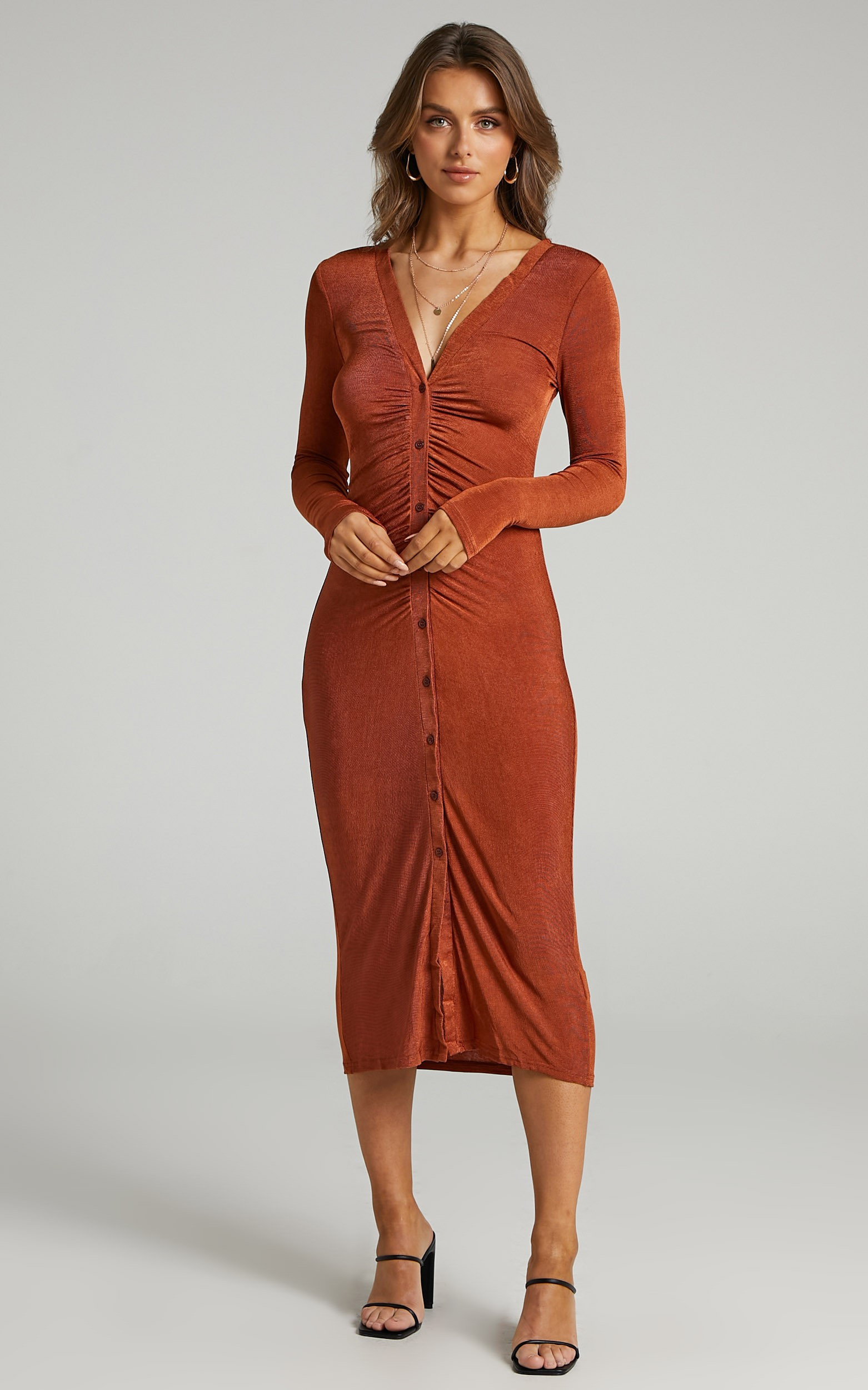 Keagan Ruched Button Front Midi Dress in Rust | Showpo - deactived