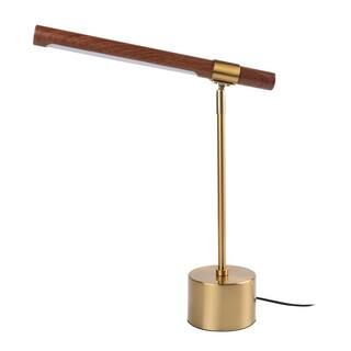 LamQee 17.7 in. Brass Banker Slim LED Desk Table Lamp with Adjustable Wood Cylinder Shade and Met... | The Home Depot