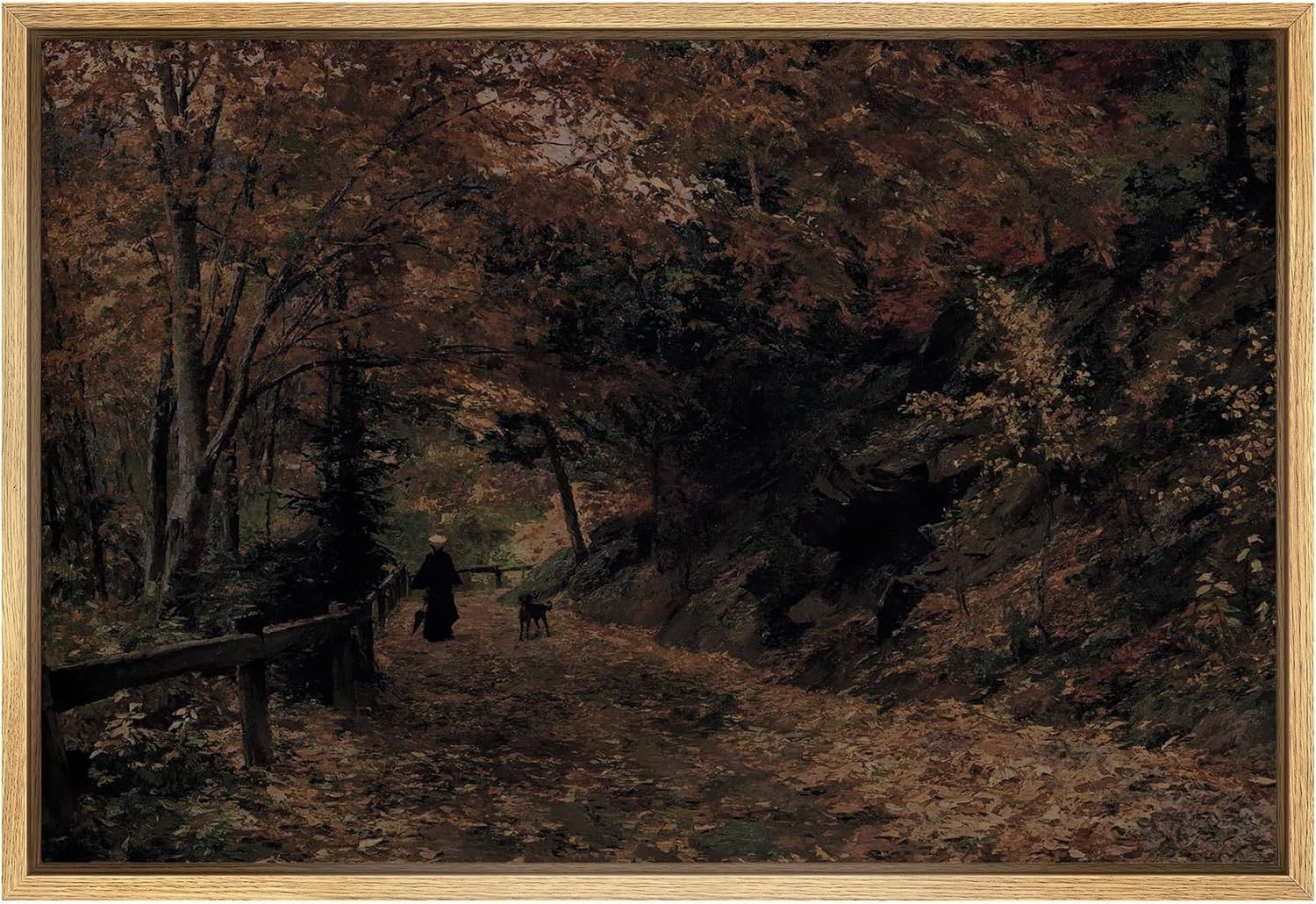 SIGNFORD Framed Canvas Print Wall Art Woman Walking Dog in Autumn Forest Classic Landscape Illustrations Modern Art Rustic Zen Landscape for Living Room, Bedroom, Office - 16"x24" Natural | Amazon (US)