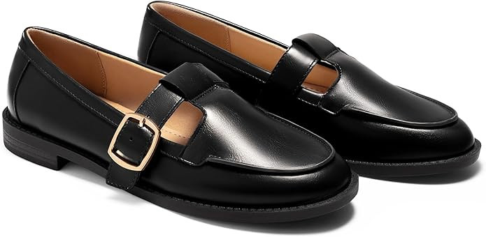 Coutgo Womens Slip On Loafers T-Strap Closed Round Toe Flats Comfortable Work Business Dress Shoe... | Amazon (US)