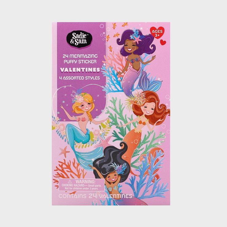 Sadie & Sam 24ct Mermaid Valentine's Day Classroom Exchange Cards with Puffy Mermaid Stickers | Target