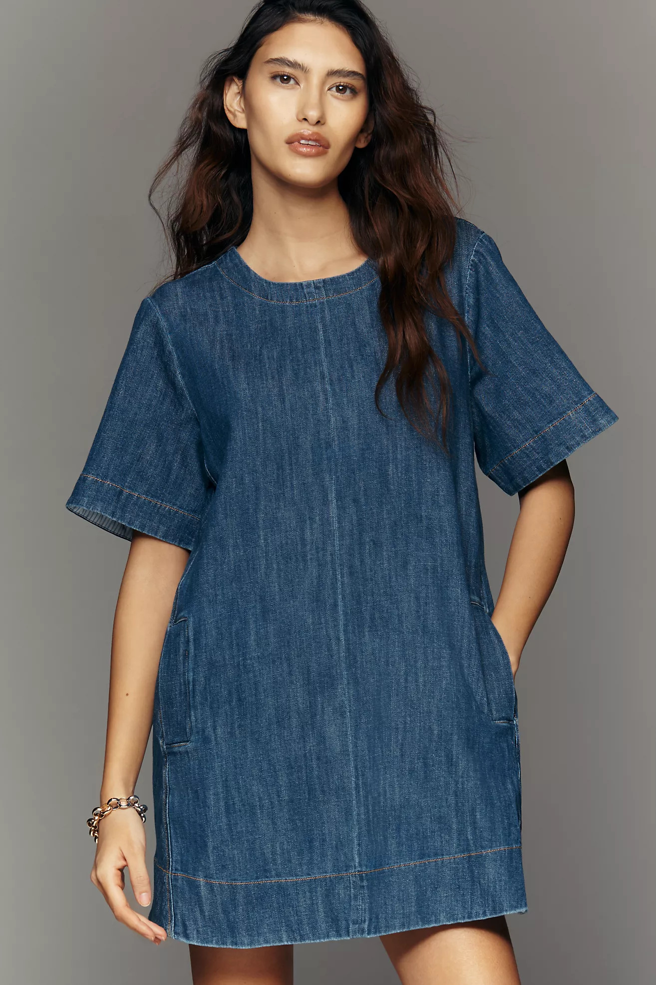 The Emmy Short-Sleeve Denim Swing Dress by Maeve | Anthropologie (US)