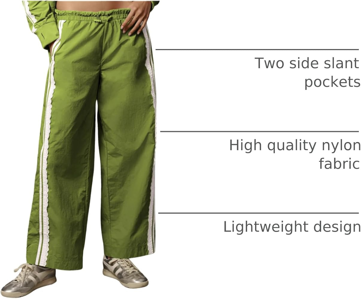 MINSURE Women Wide Leg Track Pants Y2K Lace Stripe Drawstring Parachute Palazzo Sweatpants with P... | Amazon (US)