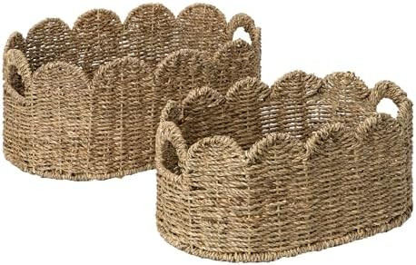 StorageWorks Scalloped Wicker Basket, Hand-woven Rattan Baskets with Built-in Handles, Cute Baby ... | Amazon (US)