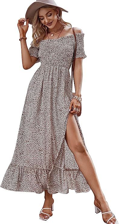 Miessial Women's Polka Dot Off Shoulder Long Dress Cute Summer Split Maxi Dress | Amazon (US)