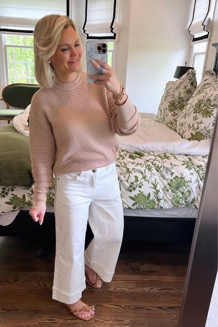 A great piece to layer for spring. These cropped wide legged jeans are perfect for my 5’1” height. 
This open-knit pullover can also be worn in summer with white shirts. 🤎
Size xs in sweater 
Size small in jeans 
Sandals TTS 
#springfashion #fashioninspo #summerfashion #petitefashion #springstyle #fashionover40 #fashioninspo #chicstyle #classicstyle #nancymeyerstyle #grandmillennial 


#LTKstyletip #LTKover40