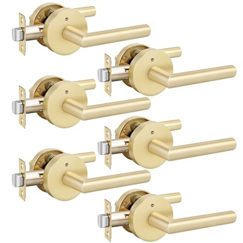 Haidms Gold Door Handles, Brushed Gold Privacy Door Handle, Interior Satin Brass Door Levers for Bathroom, Bedroom, Zinc Alloy (6 Pack) | Amazon (US)