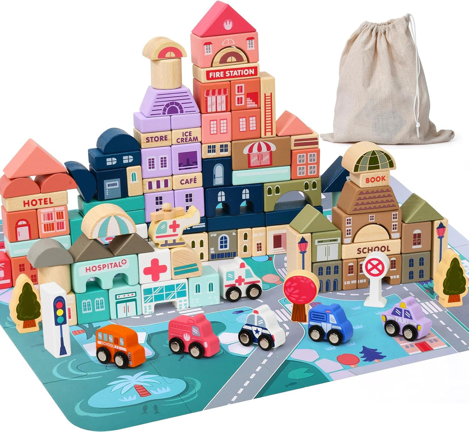 Lewo 115 PCS Wooden Building Blocks with City Map Construction Building Sets City Building Blocks... | Amazon (US)