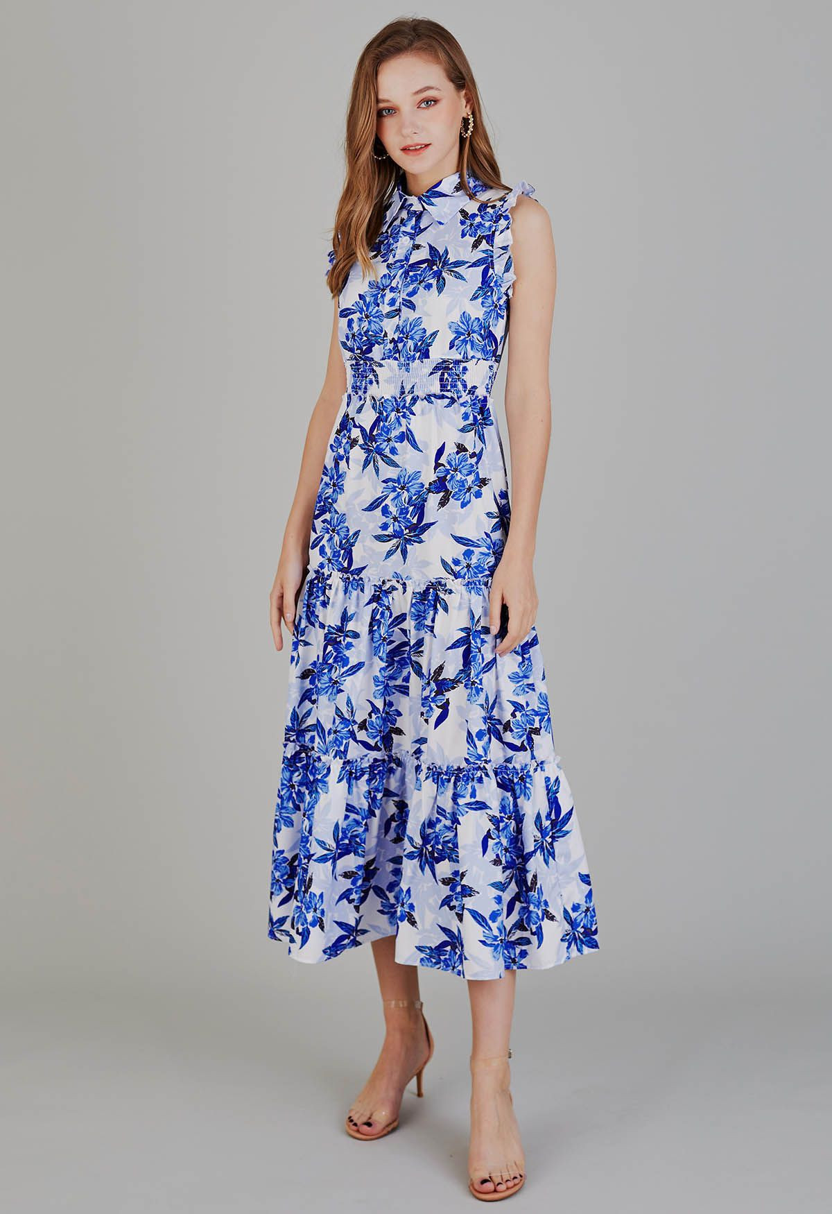 Blue Floral Collared Buttoned Sleeveless Dress | Chicwish