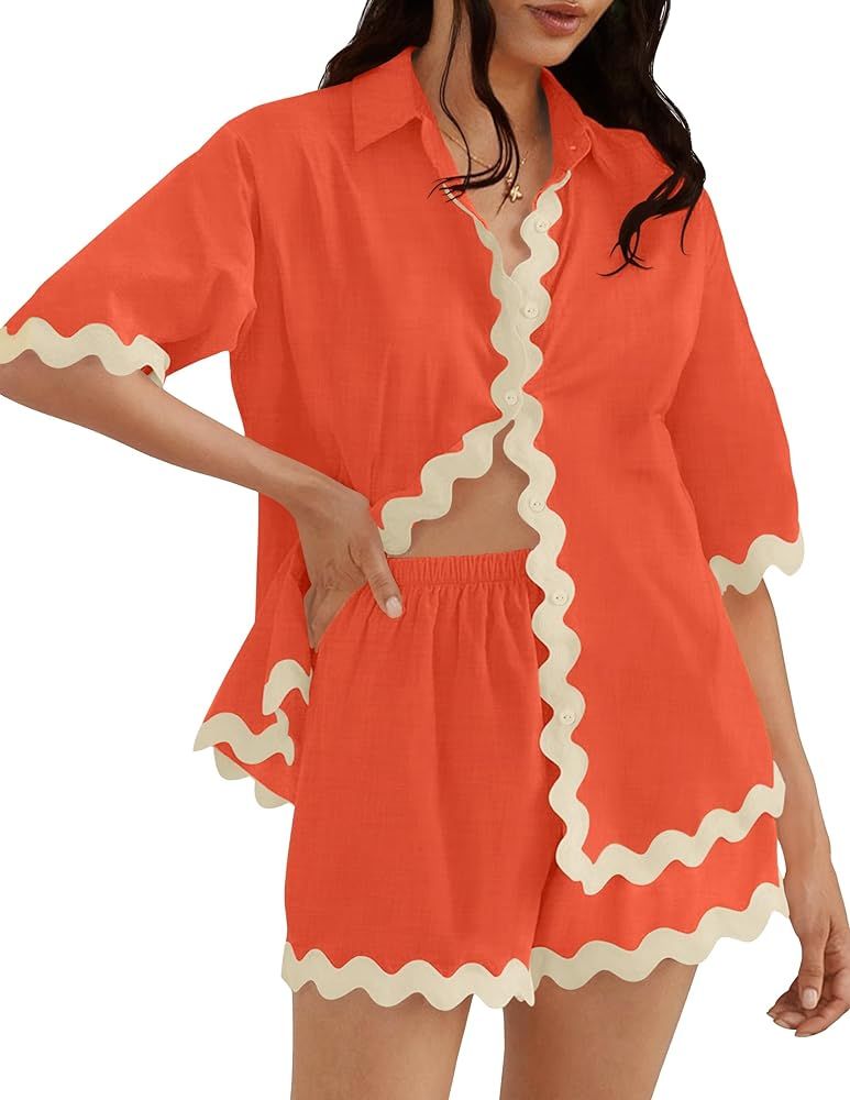 ZESICA Women's Button Down Pajama Set Line Short Sleeve Shirt and Shorts Pj Lounge Sets Sleepwear... | Amazon (US)
