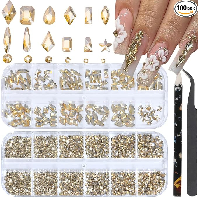 HNUIX Nail Rhinestones - 3D Multi Shape Size Crystal, Champagne Gold Nail Gems, Flat Back, with K... | Amazon (US)