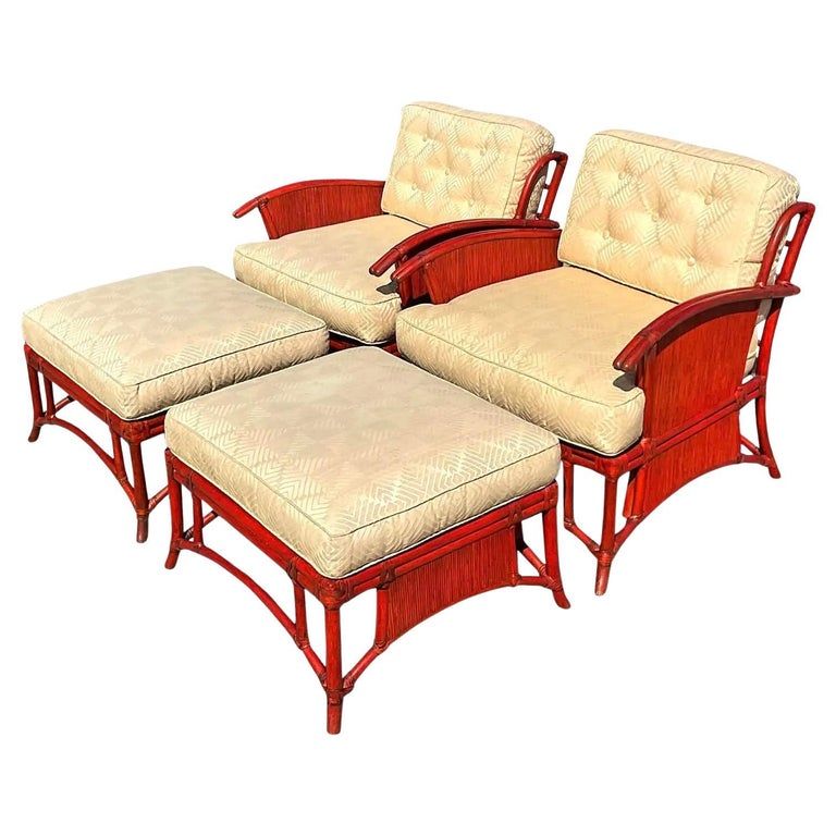 Vintage Coastal Ficks Reed Rattan Lounge Chairs and Ottomans, Pair | 1stDibs