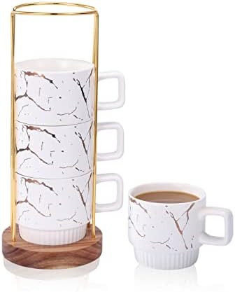 LURRIER Porcelain Large Stackable Coffee Mug Set with Rack and Wooden Base,Marble Pattern Hand-cr... | Amazon (US)