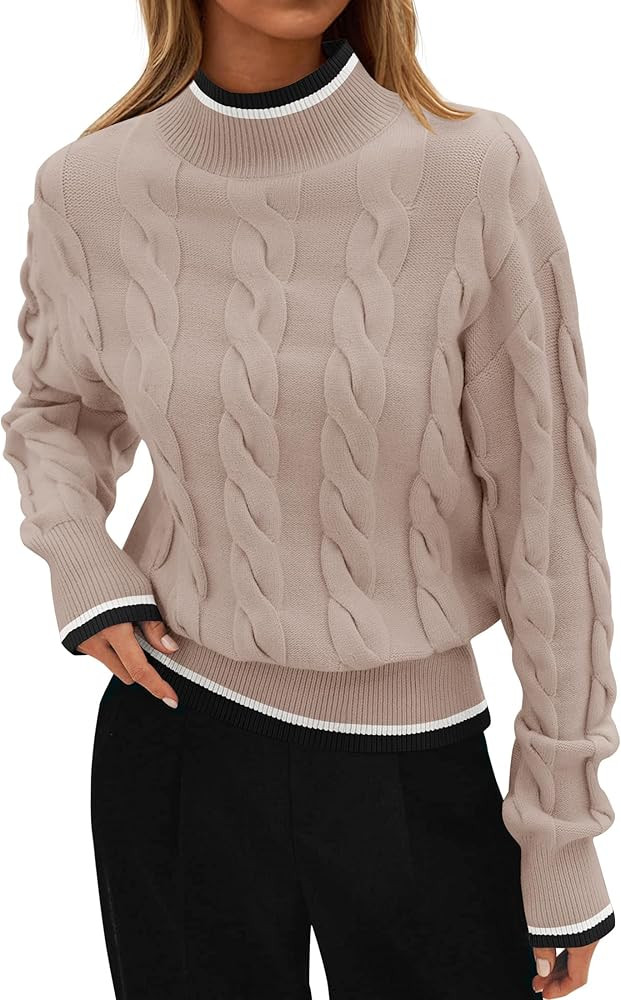 ZESICA Women's Casual Long Sleeve Mock Neck Cable Knit Contrast Color Fall 2026 Winter Chunky Pul... | Amazon (US)