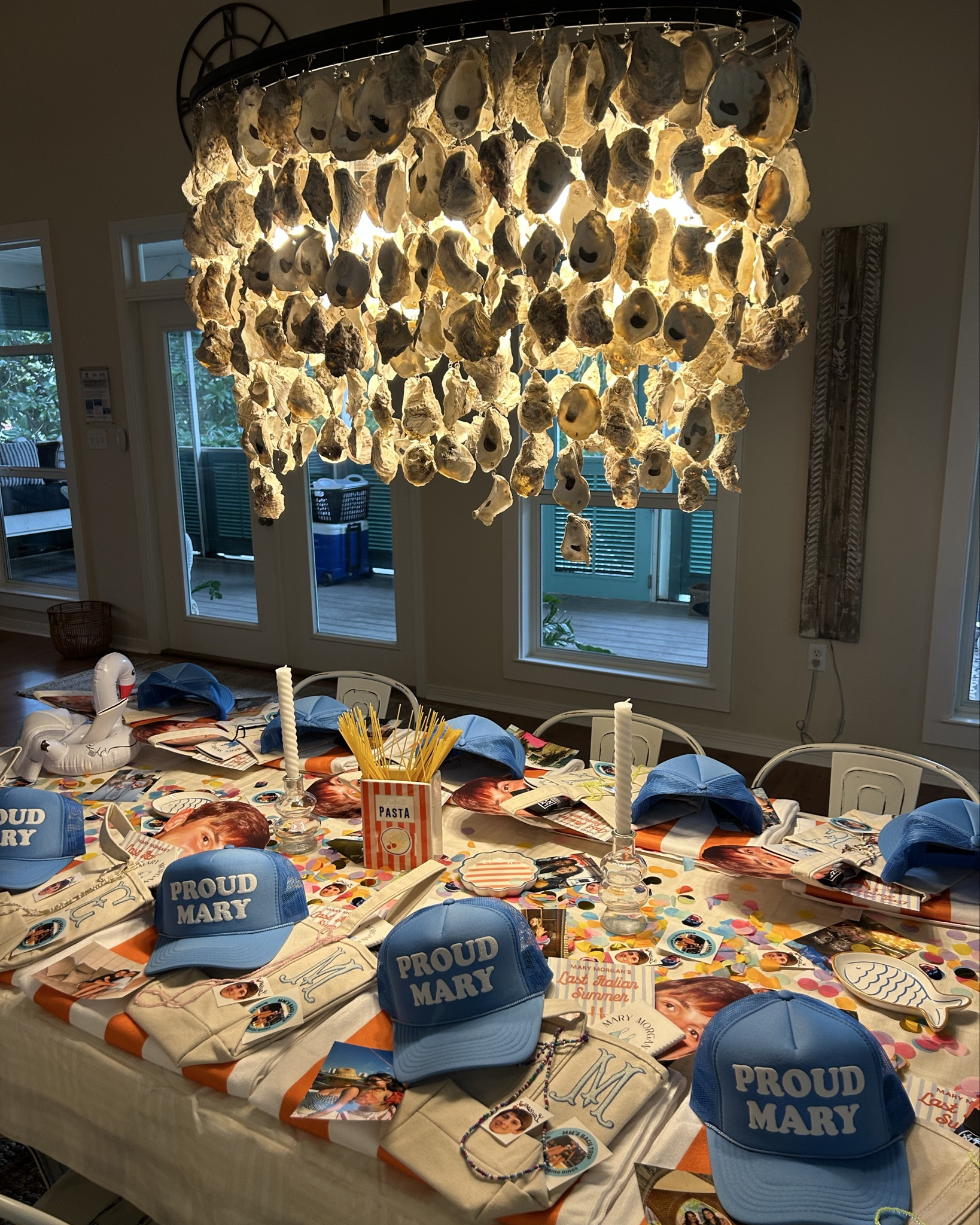 mms last italian summer!!!☀️🍷🦞🐟🩵🇮🇹⛱️🍝💛🍾
customized & printed the stickers, itinerary,
& the face cut outs!

got both banners made locally 🩵
  
Linked the hats, koozies, custom confetti, tattoos from Etsy and as much as I can remember!!!

