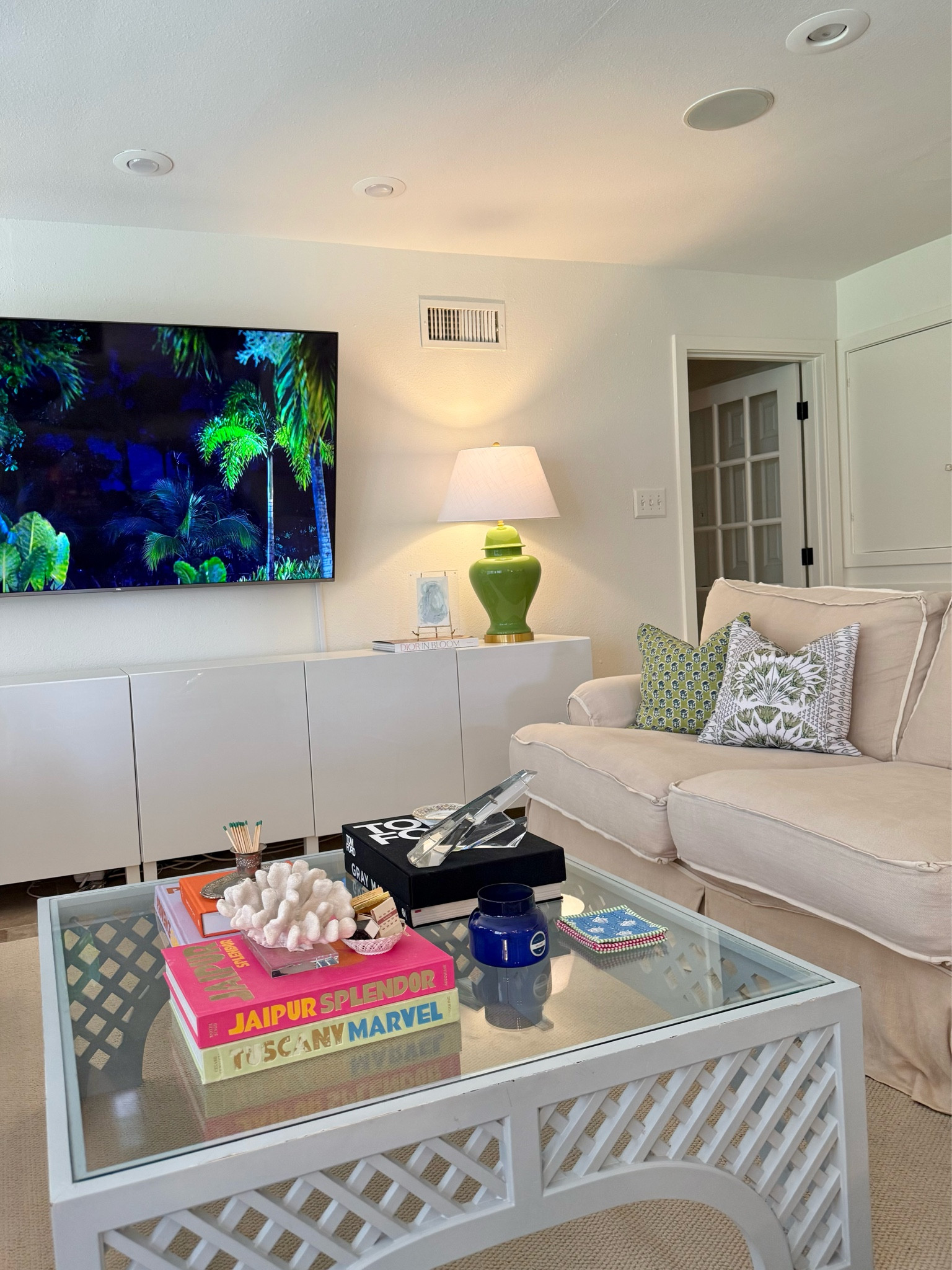 coffee table details !!! 🩷🏡📗 i thrifted this coffee table & painted it Benjamin Moore Athabasca CC-816 !!! 🩵 i couldn’t recommend this gorgeous blue more! 

#LTKStyleTip #LTKHome