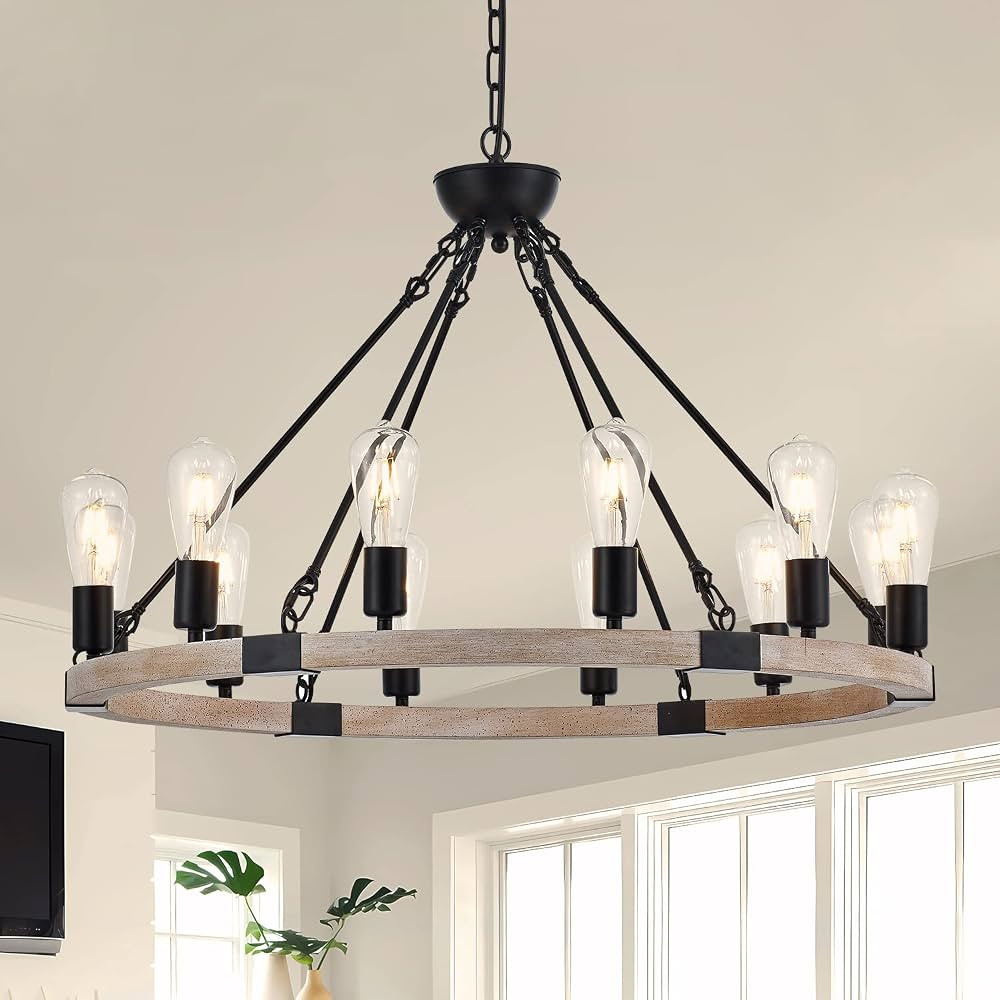 12-Light Wooden Wagon Wheel Chandelier Farmhouse, 31.5'' Black&Cream Colored Chandelier Pendant L... | Amazon (US)