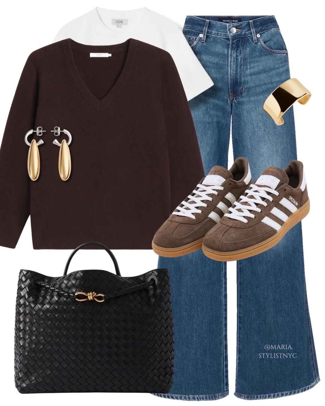 Relaxed & Rich: 🤎 A comfortable dark brown V-neck sweater layered over a white tee, styled with wide-leg blue denim jeans and casual brown Adidas sneakers. Finished with a woven black leather bag, gold cuff, and mixed-metal earrings

#LTKootd 

#LTKSeasonal