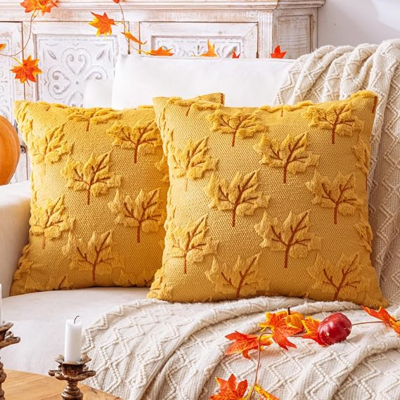 AQOTHES Maple Leaf Fall Yellow Throw Pillow Covers 18x18 Inch Set of 2 | Autumn Harvest Pillows C... | Amazon (US)
