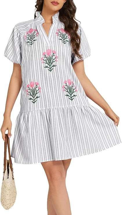 Womens Floral Boho Dress Striped Embroidered Mini Dress Puff Sleeve V Neck Ruffle Hem Babydoll Dr... | Amazon (US)