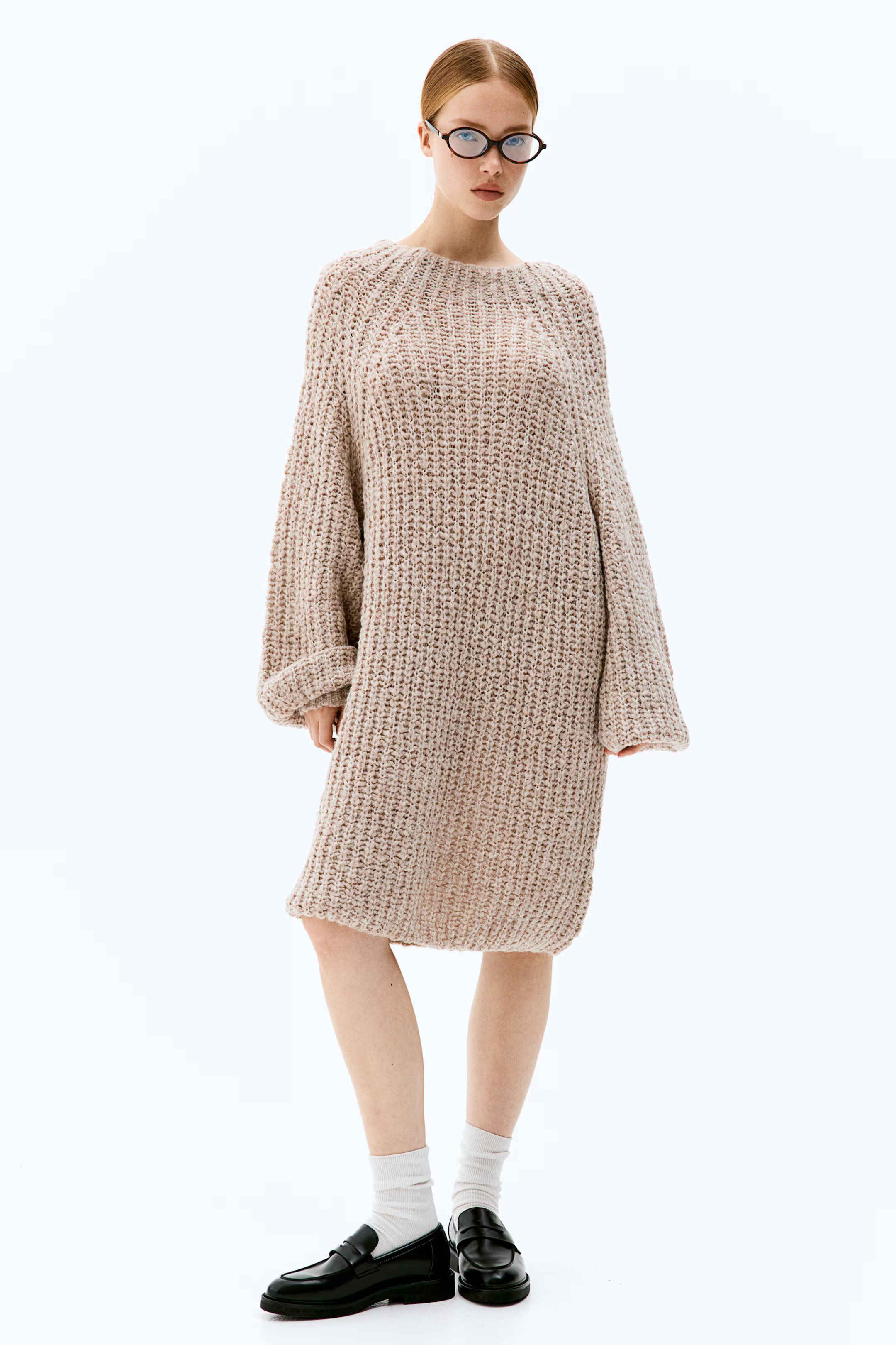 Rib-knit dress - Round neck - Long sleeve - Greige - Ladies | H&M GB | H&M (UK, MY, IN, SG, PH, TW, HK)
