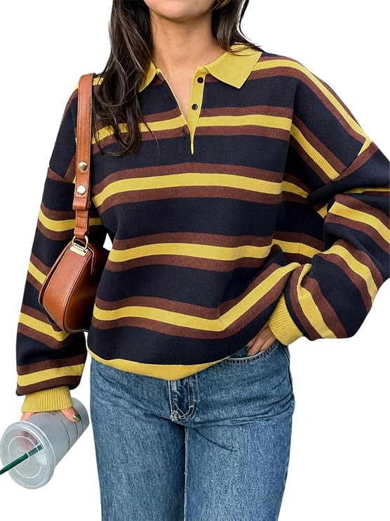 Tankaneo Sweaters for Women Striped Polo Sweater Casual Pullover Knit Tops | Amazon (US)