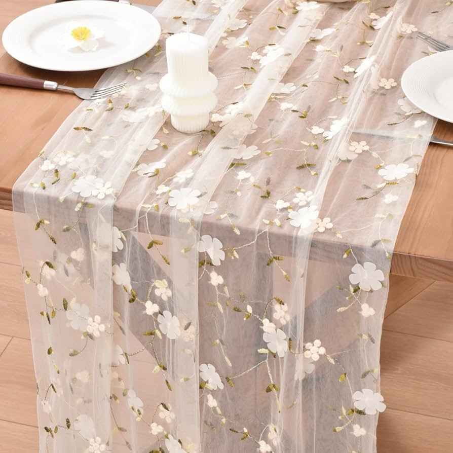 Beige Spring Summer Floral Table Runner Easter Embroidery Wildflower 10ft Gauze Seasonal Sheer Bl... | Amazon (US)
