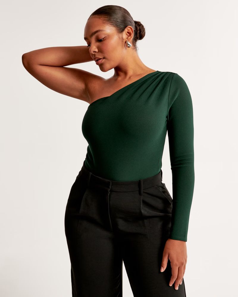 Long-Sleeve Crepe Asymmetrical One-Shoulder Bodysuit | Abercrombie & Fitch (US)