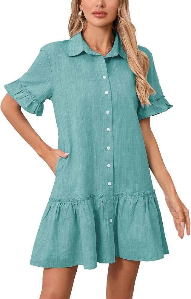 Women's 2026 Summer Casual Shirt Dress Drop Waist Ruffle Mini Dress with Pockets | Amazon (US)