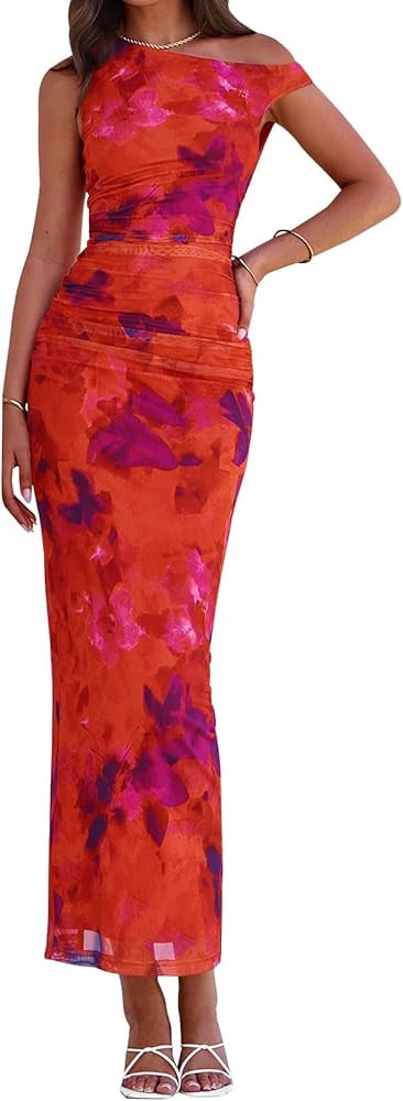 PRETTYGARDEN Women's 2025 Summer Floral One Shoulder Maxi Dress Wedding Guest Ruched Mesh Bodycon... | Amazon (US)