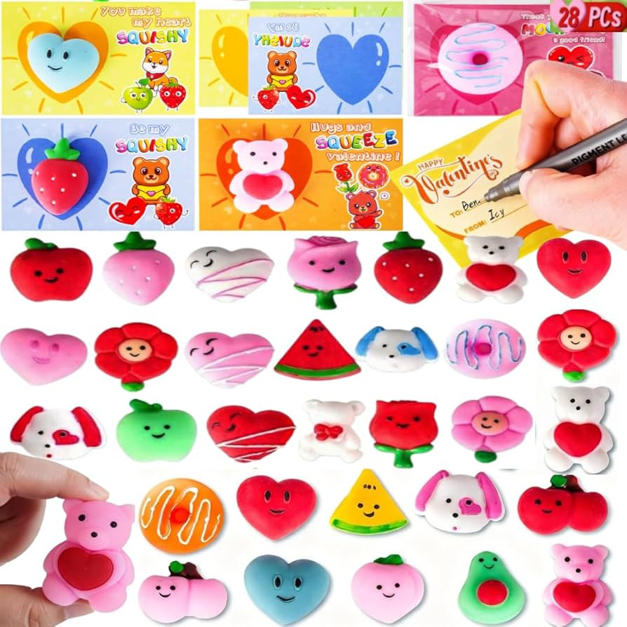 28 Pack Valentine’s Day Cards with Mochi Squishy Toys for Kids, Cute Kawaii Squishies Valentine... | Amazon (US)