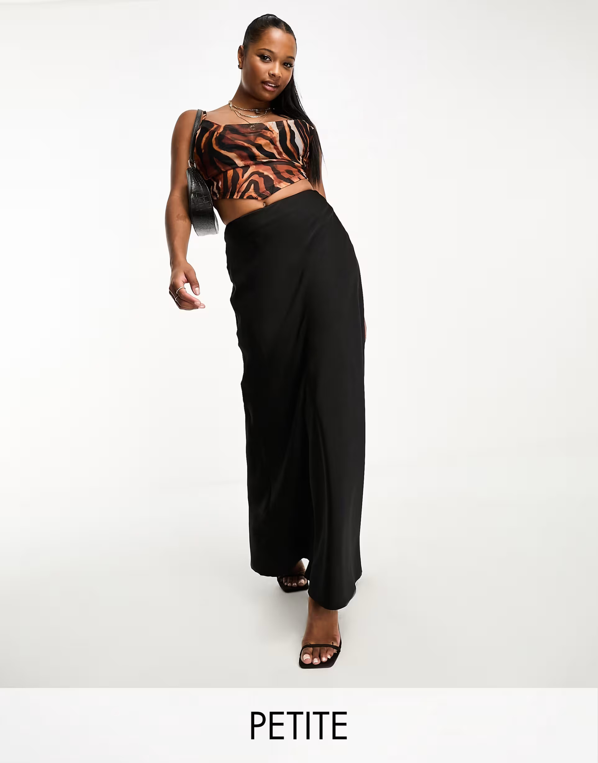 NaaNaa Petite satin bias maxi skirt in black | ASOS (Global)