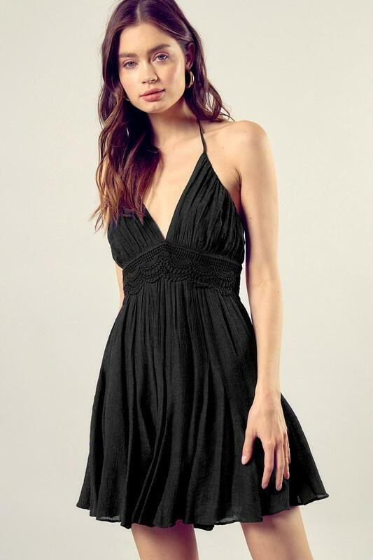 Arianna Black Lace Halter Mini Dress L | Boho Pink