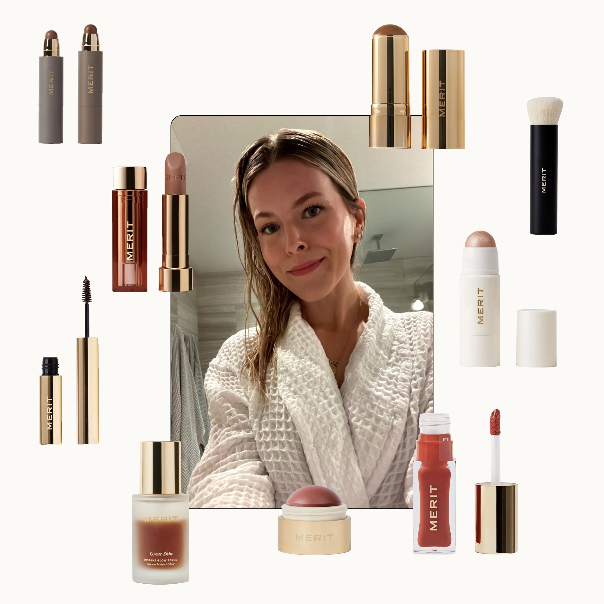 My Merit Beauty faves 💋

-Brush No.1	
- Bronze Balm in Clay	
- Great Skin
- The Minimalist in Dune	
- Flush Balm in Cheeky	
- Signature Lip in Millennial	
- Clean Lash in Perfect Black
- Day Glow in Bounce
- Shade Slick in Au Naturel
- Brow 1980 in Brown

#LTKbeauty #LTKunder100 #LTKunder50