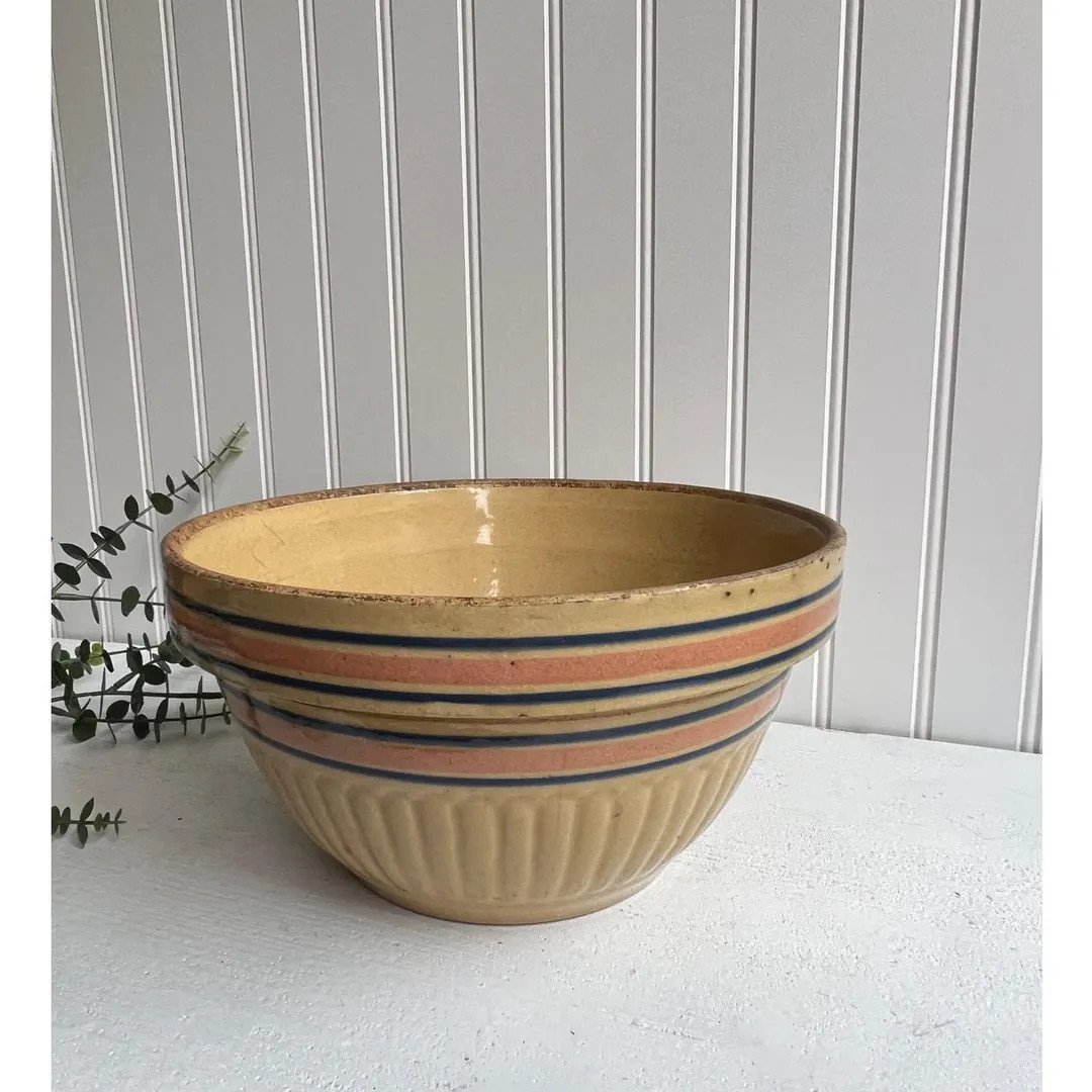 Antique Yellow Ware Striped Mixing Bowl Rustic Farmhouse Kitchen Decor With Aged Patina & Charact... | Etsy (US)