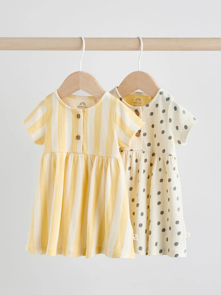 Yellow/Cream Spot/Stripe Baby Short Sleeve Dress 2 Pack (0mths-3yrs) | Next US
