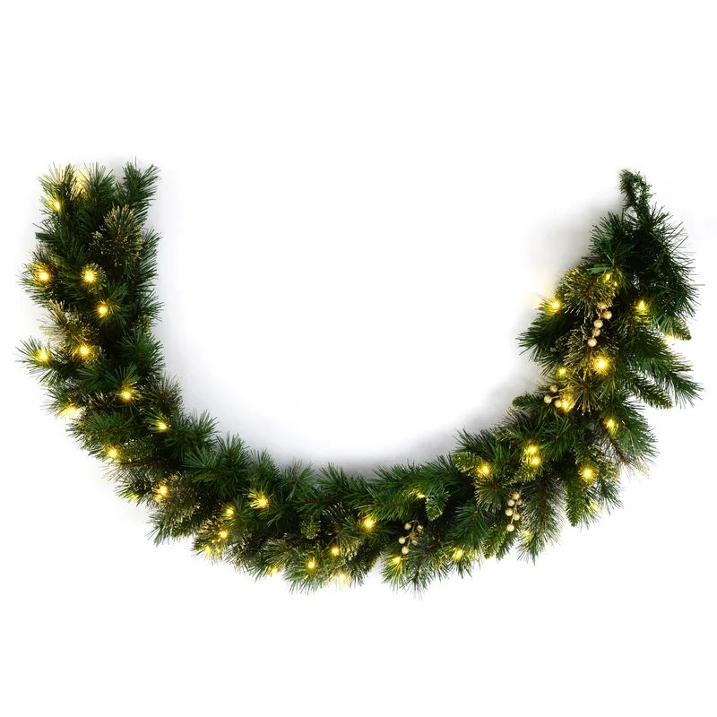 6' Glitter Tipped & Berries Pre-Lit Garland with Warm 40 Green/Gold Lights | Wayfair North America
